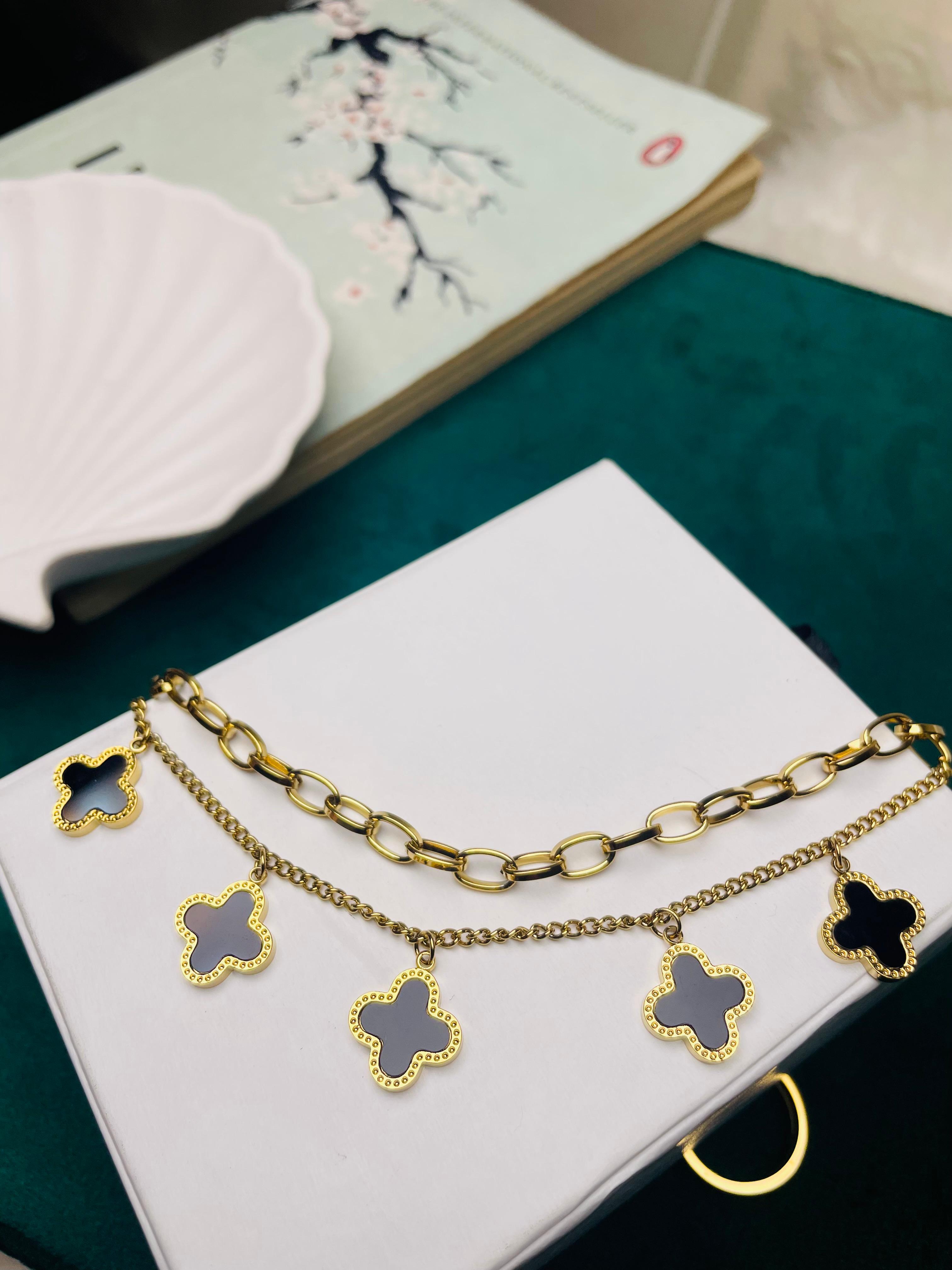 18K Gold Plated Clover Charm Double Layered Bracelet