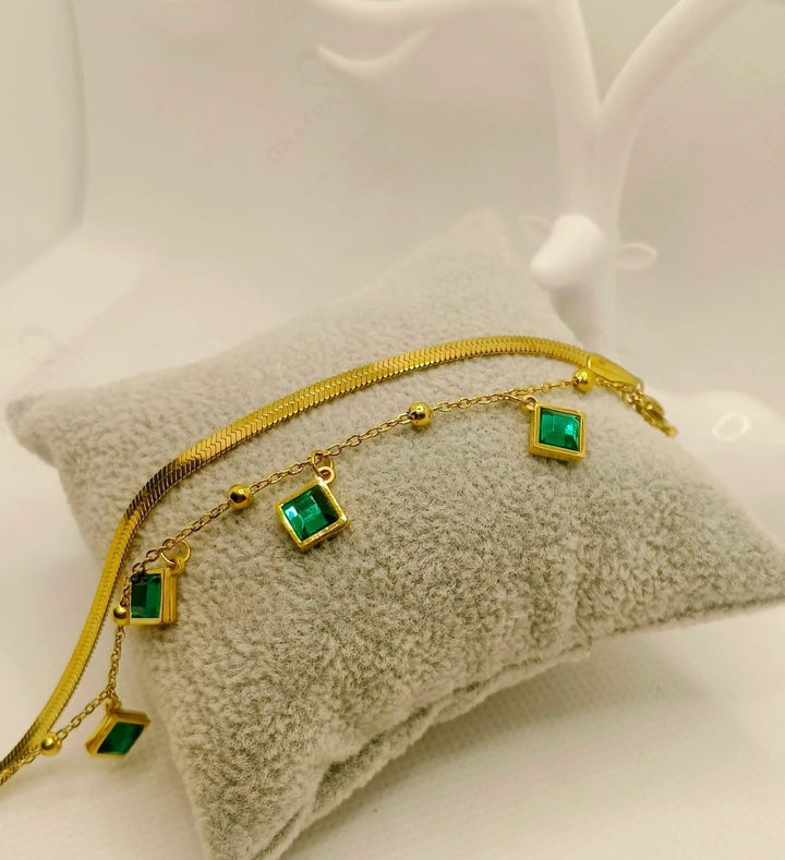 18K Gold Plated Double Layered Emerald  Bracelet