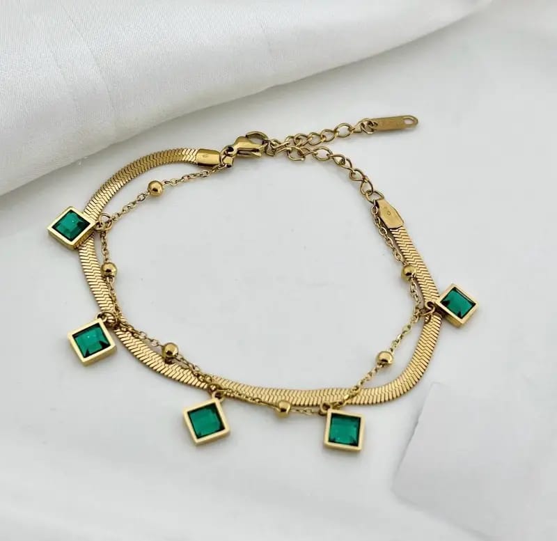 18K Gold Plated Double Layered Emerald  Bracelet