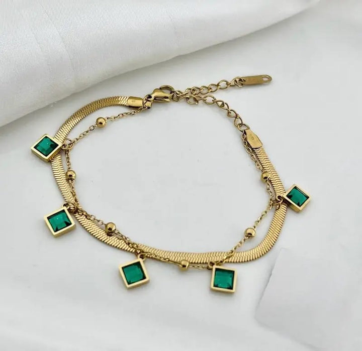 18K Gold Plated Double Layered Emerald  Bracelet